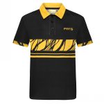 A black and yellow Hawaiian shirt featuring a geometric design and a logo on the chest.
