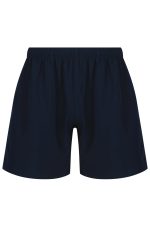 Navy blue men's sports shorts with an elastic waistband and a logo on the front. Suitable for training activities.