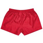 Red rugby kids shorts with an elastic waistband, featuring a logo on the side.