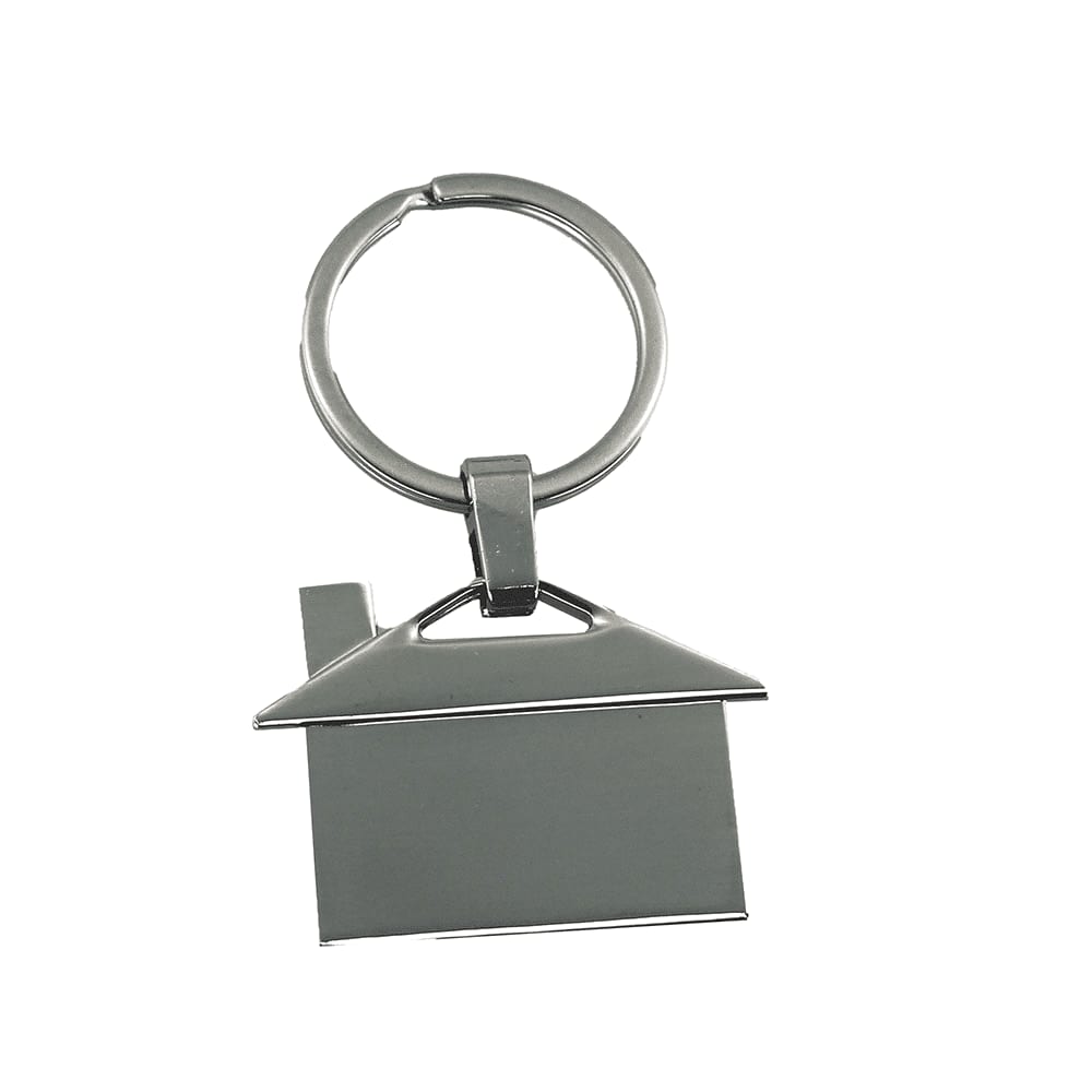 A house-shaped metal keyring in silver, featuring a sleek design with a keychain loop. House Shaped Metal Keyring - Image 1