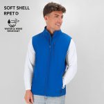 A blue soft shell vest with a zip front and a pocket, featuring a logo. Water and wind resistant.