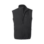 A black vest with a high collar, featuring zippered pockets and a front zipper, and it has a logo on it.