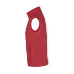 A red sleeveless vest featuring a zippered pocket and a high collar, with a logo present.