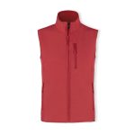 A red vest with a high collar and zip-front design, featuring side pockets and a chest pocket. It has a logo.