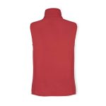 A red sleeveless vest with a high collar and a smooth texture, featuring a branding logo.