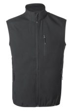 A black vest with a high collar and multiple zip pockets, featuring a logo on the fabric.