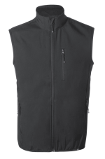 A black vest featuring a high collar and multiple zip pockets, with a logo on the front.