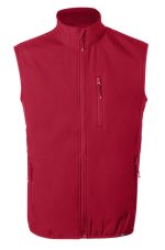 A red vest with a high collar, front zip, and three pockets. It has a logo on it.