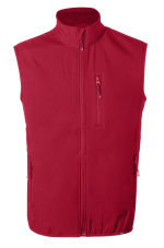 A red vest with a high collar, featuring a front zipper and two side pockets, along with a zippered chest pocket.