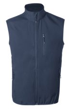 A navy vest featuring a high collar and zippered front, with side pockets and a chest pocket.