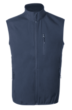 A navy vest with a high collar and zippered front, featuring two side pockets and a chest pocket with a logo.