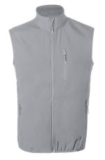 A grey vest with a high collar and front zip, featuring two side pockets and a zipped chest pocket.