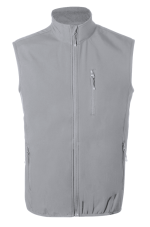 A grey vest with a high collar and zippered pockets, featuring a logo on the chest.