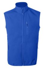 A blue vest featuring a high collar and zippered front, with side and chest pockets. It has a logo.