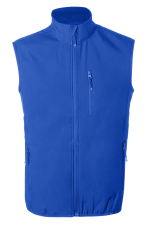 A blue vest with a high collar, featuring a front zip and two side pockets, along with a small zipped pocket.