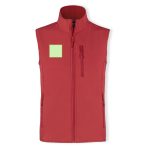 A red vest featuring a high collar, front zipper, and two zippered pockets. It has a square patch on the left side.