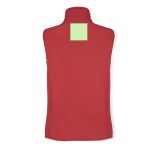 A red vest with a high collar and a blank square area on the back, featuring a logo or branding.