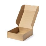 A brown cardboard gift box with a flapped lid, presented in an open position.
