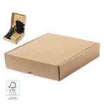 A kraft cardboard box containing black gloves and other items, featuring a logo and an FSC mark for sustainability.