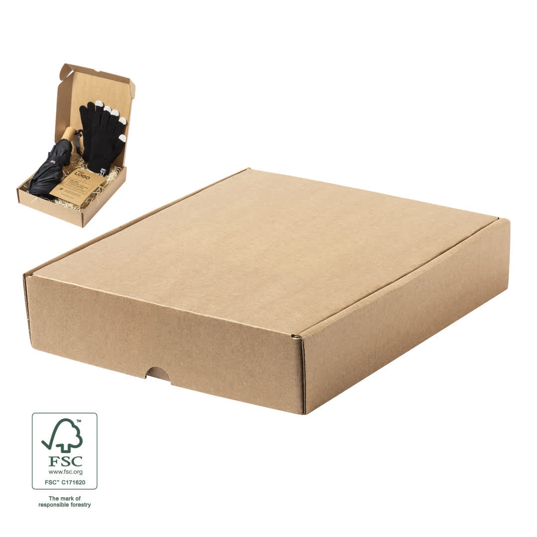 A kraft cardboard box containing black gloves and other items, featuring a logo and an FSC mark for sustainability. A kraft cardboard box containing black gloves and other items, featuring a logo and an FSC mark for sustainability.