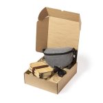A grey zippered pouch, two wooden containers with straps, and a pair of sunglasses in a kraft gift box.