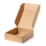 An open brown cardboard gift box with a simple design and no contents.