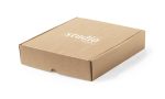 A brown gift box with a logo on top, featuring a smooth surface and a secure folding design.