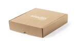 A brown cardboard gift box with a logo on the top surface, featuring a flap closure.