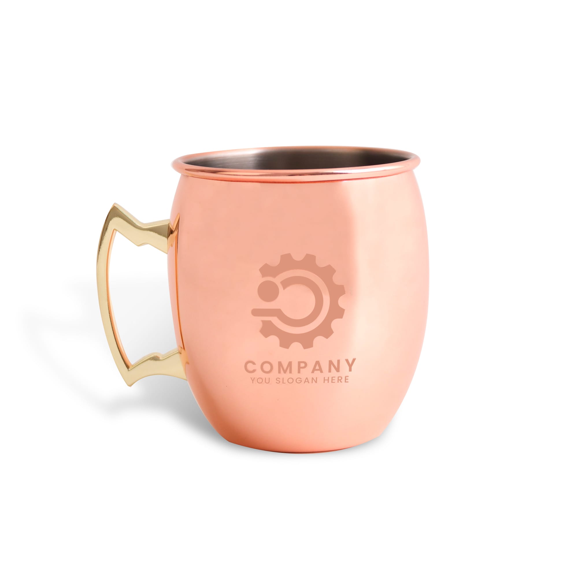 A copper Moscow mule mug with a smooth finish and a decorative handle, featuring a logo on its side. Classic Moscow Mule Copper Mug - Image 1
