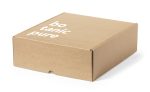 A brown gift box with a sleek design and a logo on one side. It features a tuck-in closure.