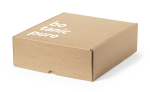 A kraft cardboard gift box with a logo printed in white, featuring a simple rectangular design.