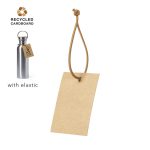 A brown recycled cardboard gift hangtag with elastic, featuring a metallic drink bottle in the background.
