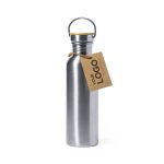 A stainless steel drink bottle with a metal handle and a brown hangtag featuring a logo.