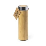 A bamboo drink bottle with a silver lid and a hangtag featuring a logo.