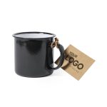 A black enamel mug with a white interior, featuring a tag with a logo. It has a rustic brown handle detail.