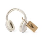 White headphones with a logo tag, featuring a cream ear cushion and a sleek design.