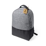 A grey backpack with a black base and a hangtag featuring a logo.