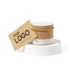 A cork and white container with a hangtag featuring a logo, resting on a round white base.