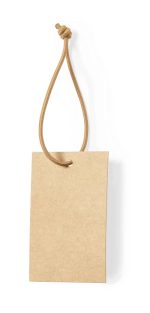 A rectangular kraft paper hangtag with a brown leather strap for attachment, featuring a simple design and no branding.