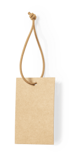 A rectangular kraft paper hangtag with a brown string attachment, designed for use as a luggage tag.