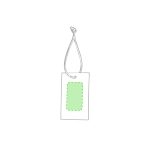 A rectangular luggage tag with a green highlighted area and a hanging string. It has a logo at the top.