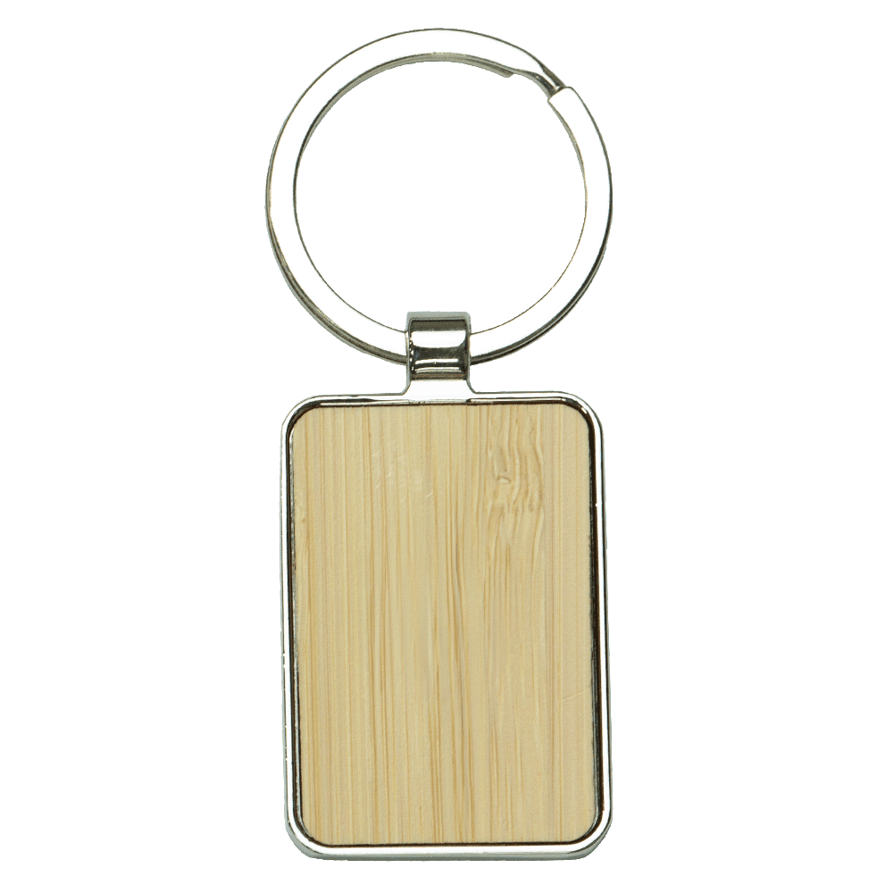 A rectangular keyring made of recycled zinc alloy with a bamboo insert, featuring a shiny silver finish. Rectangle Recycled Zinc Alloy Keyring w/ Bamboo - Image 1