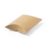 A brown gift box with a curved top and a small opening at the front, featuring a branding logo.