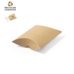 A brown recycled cardboard gift box with a curved design and an opening at the front. It features a logo.