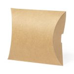 A kraft paper gift box with a pillow shape, featuring a smooth, natural brown finish. It has a logo on one side.