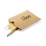 A kraft paper gift box containing a pen and a wooden keyring, featuring a logo on the front.
