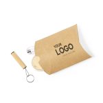 A brown Kraft box containing a USB drive, a wooden coaster, and a keychain, featuring a logo on the packaging.