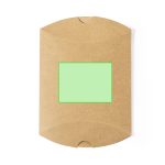 A brown kraft gift box with a green rectangular window and a rounded flap design. It features a logo on the surface.