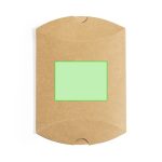 A brown gift box with a green insert in the centre, featuring a logo in the design.