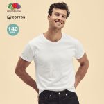 A white V-neck adult t-shirt displayed on a smiling model, featuring a logo and 140 GSM fabric weight.